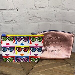 ipsy Set of 2 Clutch Makeup Pouches Pop Art Faces Metallic RoseChange the World